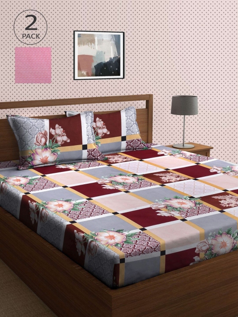 

KLOTTHE Maroon & Pink Floral 210 TC 2 King Bedsheet with 4 Pillow Covers