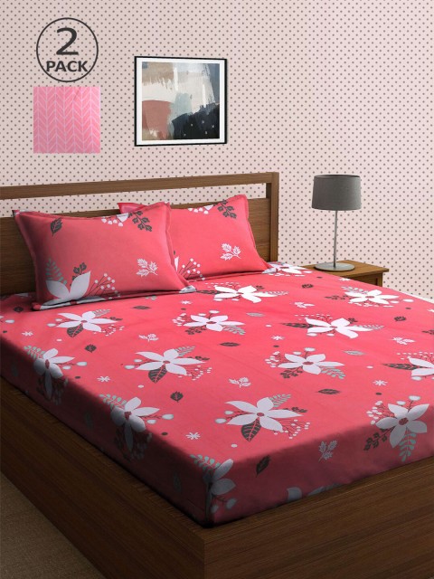 

KLOTTHE Pink & White Floral 210 TC 2 King Bedsheet with 4 Pillow Covers