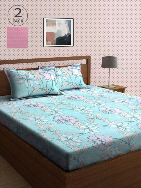 

KLOTTHE Set Of 2 Blue & Pink Printed 210 TC King Bedsheets With 4 Pillow Covers