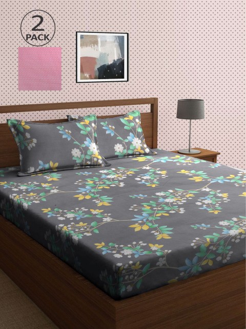 

KLOTTHE Pack of 2 Grey & Pink Floral 210 TC King Bedsheet with 4 Pillow Covers