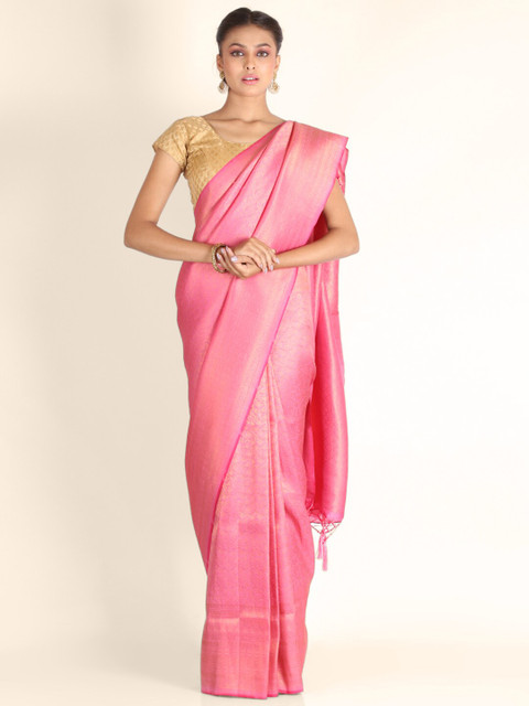 

KAJREE Pink & Gold-Coloured Ethnic Motifs Zari Brocade Khadi Saree