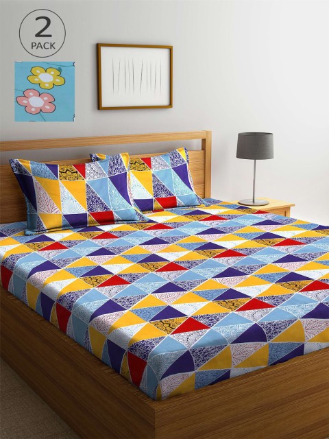

KLOTTHE Set Of 2 Blue & Red Printed 210 TC King Bedsheets With 4 Pillow Covers