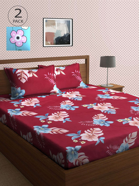 

KLOTTHE Blue & Red Floral 210 TC 2 King Bedsheet with 4 Pillow Covers