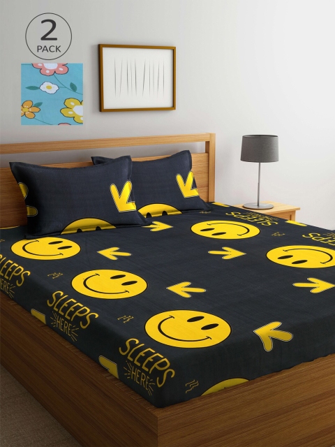 

KLOTTHE Pack of 2 Black & Blue Cartoon 210 TC King Bedsheet with 4 Pillow Covers