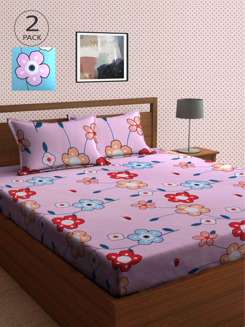 

KLOTTHE Blue & Pink Floral 210 TC 2 King Bedsheet with 4 Pillow Covers