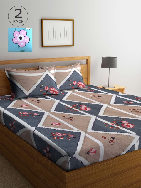 

KLOTTHE Grey & Blue Floral 210 TC 2 King Bedsheet with 4 Pillow Covers