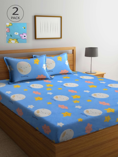 

KLOTTHE Blue & Yellow Graphic 210 TC 2 King Bedsheet with 4 Pillow Covers