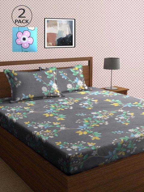 

KLOTTHE Blue & Grey Floral 210 TC 2 King Bedsheet with 4 Pillow Covers