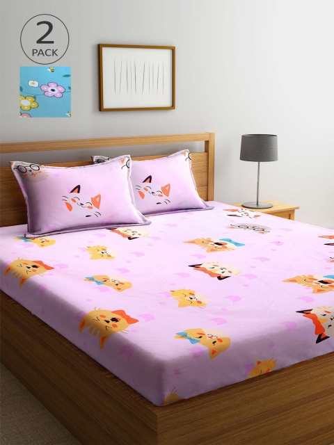 

KLOTTHE Set Of 2 Pink & Blue Printed 210 TC King Bedsheets With 4 Pillow Covers