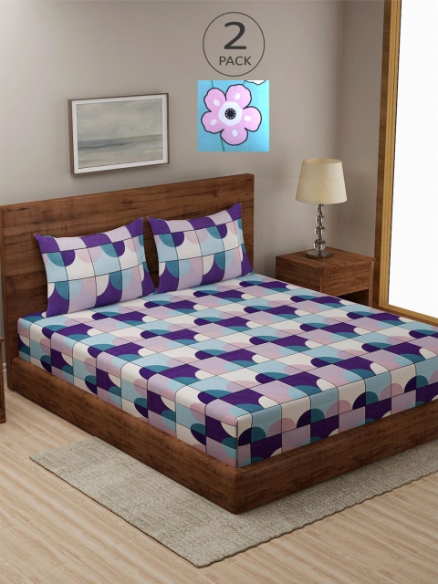 

KLOTTHE Pack of 2 Blue & White Geometric 210 TC King Bedsheet with 4 Pillow Covers