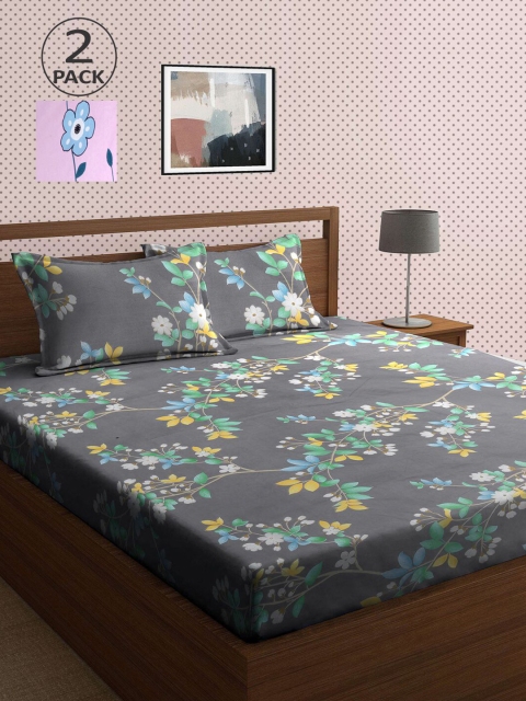 

KLOTTHE Grey & Pink Floral 210 TC 2 King Bedsheet with 4 Pillow Covers