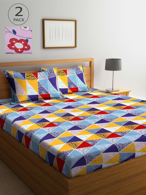 

KLOTTHE Pink & Blue Geometric 210 TC 2 King Bedsheet with 4 Pillow Covers