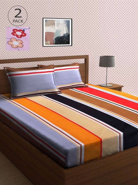 

KLOTTHE Black & Orange Striped 210 TC 2 King Bedsheet with 4 Pillow Covers