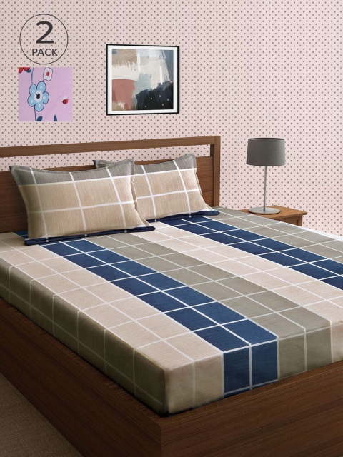 

KLOTTHE Tan & Blue Geometric 210 TC 2 King Bedsheet with 4 Pillow Covers