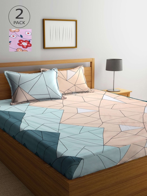 

KLOTTHE Pink & Blue Geometric 210 TC 2 King Bedsheet with 4 Pillow Covers