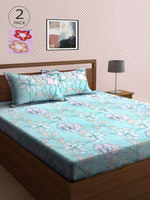 

KLOTTHE Blue & Pink Floral 210 TC 2 King Bedsheet with 4 Pillow Covers