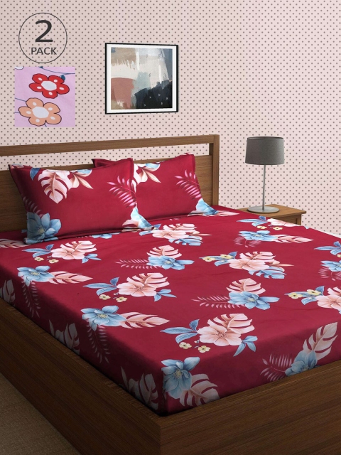 

KLOTTHE Pink & Maroon Floral 210 TC 2 King Bedsheet with 4 Pillow Covers