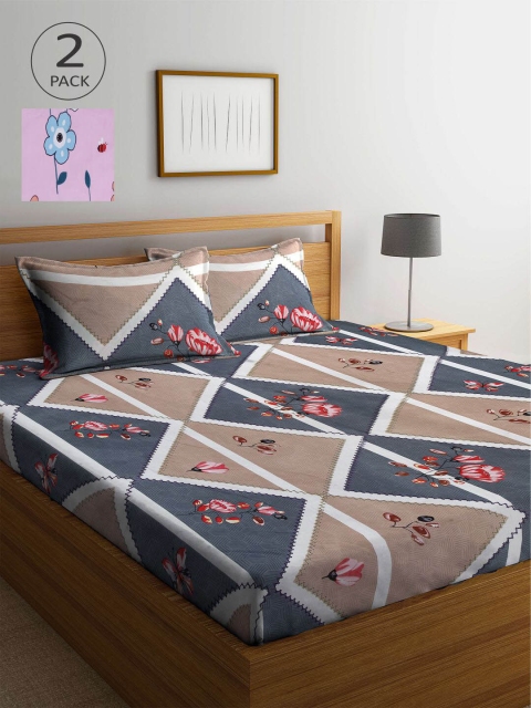 

KLOTTHE Pink & Grey Floral 210 TC 2 King Bedsheet with 4 Pillow Covers