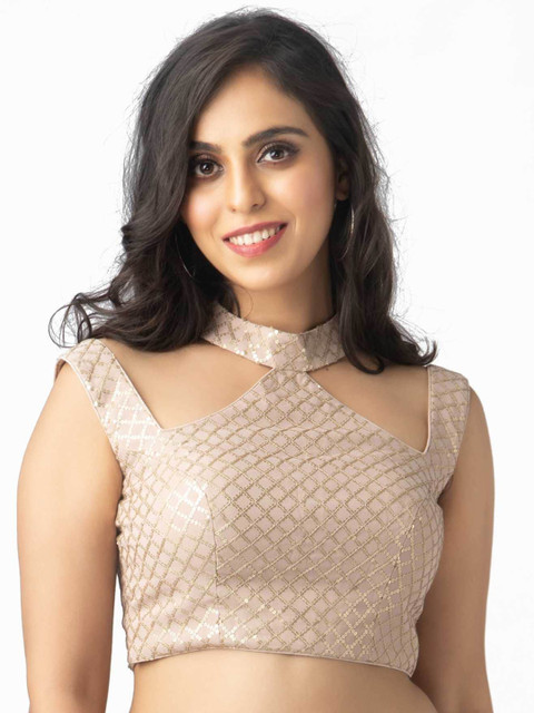 

NDS Niharikaa Designer Studio Women Rose Gold-Coloured Embellished Padded Silk Readymade Saree Blouse