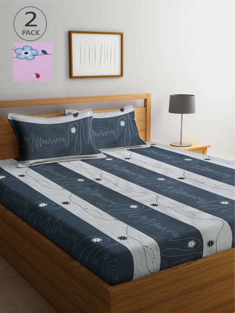 

KLOTTHE Pink & Grey Striped 210 TC 2 King Bedsheet with 4 Pillow Covers