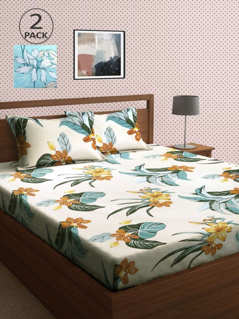

KLOTTHE Blue & Off White Floral 210 TC 2 King Bedsheet with 4 Pillow Covers