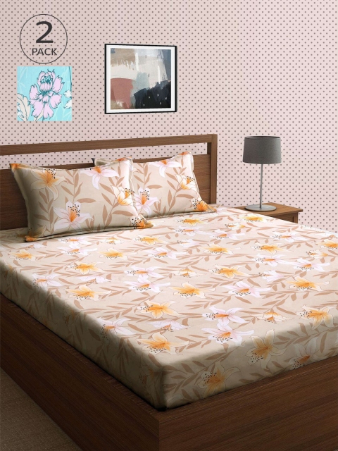 

KLOTTHE Blue & Beige Floral 210 TC 2 King Bedsheet with 4 Pillow Covers