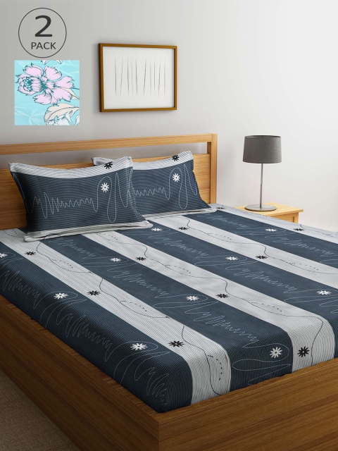 

KLOTTHE Blue & Grey Striped 210 TC 2 King Bedsheet with 4 Pillow Covers