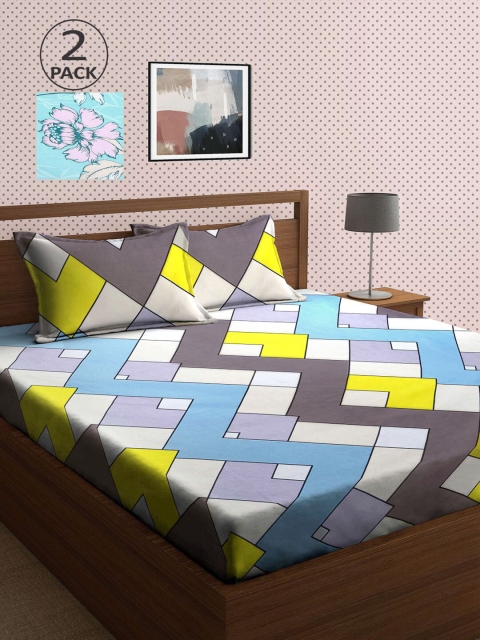 

KLOTTHE Pack of 2 Blue & Yellow Geometric 210 TC King Bedsheet with 4 Pillow Covers