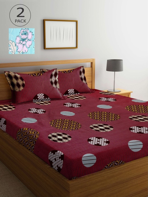 

KLOTTHE Burgundy & Blue Geometric 210 TC 2 King Bedsheet with 4 Pillow Covers