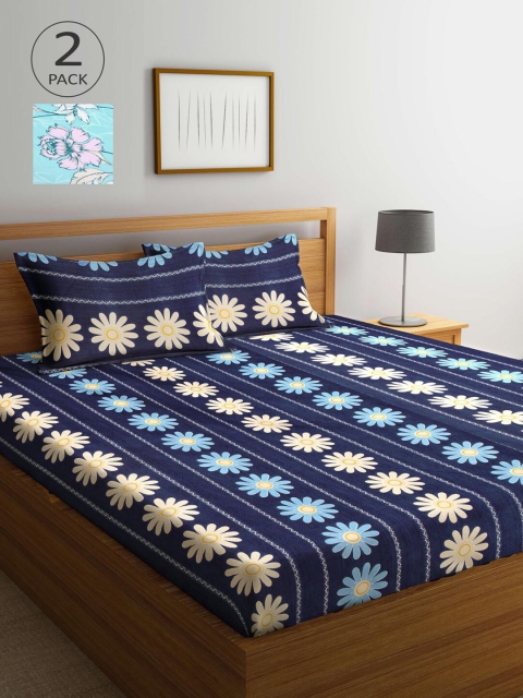 

KLOTTHE Blue & Yellow Floral 210 TC 2 King Bedsheet with 4 Pillow Covers
