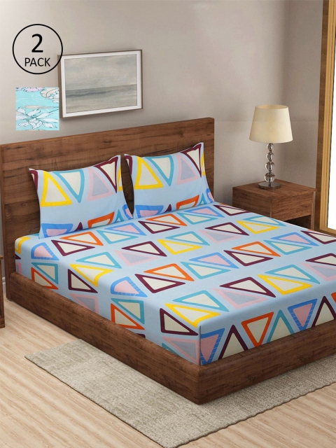 

KLOTTHE Blue & Orange Geometric 210 TC 2 King Bedsheet with 4 Pillow Covers