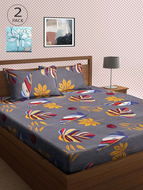 

KLOTTHE Set Of 2 Grey & Blue Printed 210 TC King Bedsheets With 4 Pillow Covers