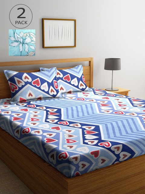 

KLOTTHE Blue & White Geometric 210 TC 2 King Bedsheet with 4 Pillow Covers
