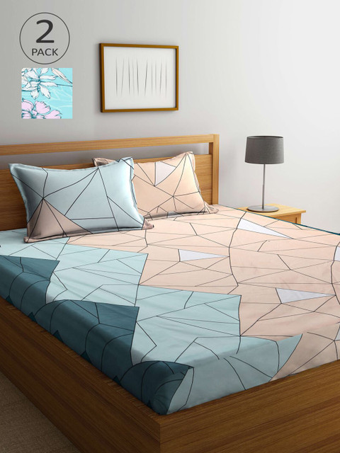 

KLOTTHE Green & Blue Geometric 210 TC 2 King Bedsheet with 4 Pillow Covers