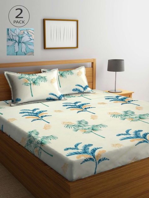 

KLOTTHE Blue & Off White Floral 210 TC 2 King Bedsheet with 4 Pillow Covers