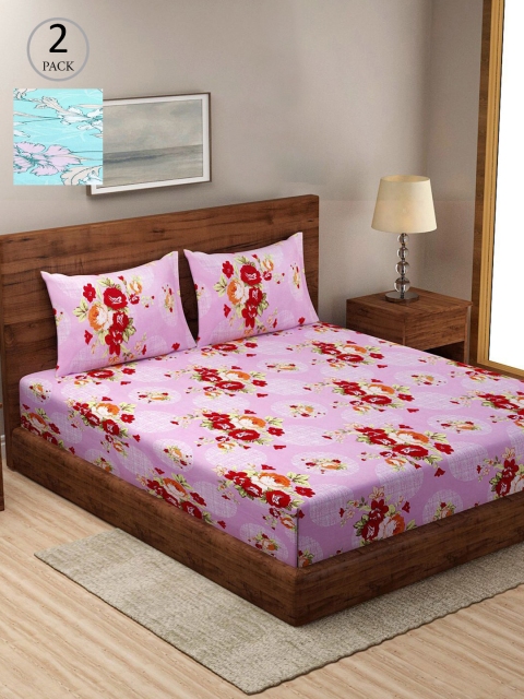 

KLOTTHE Set Of 2 Pink & Red Printed 210 TC King Bedsheets With 4 Pillow Covers