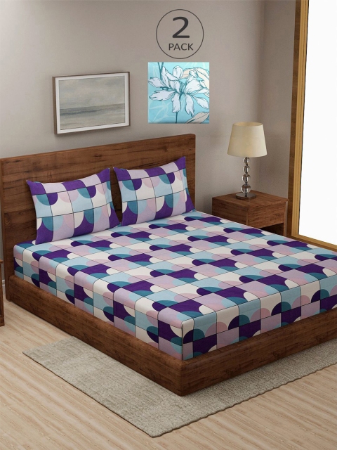 

KLOTTHE Set Of 2 Blue & Cream Printed 210 TC King Bedsheets With 4 Pillow Covers