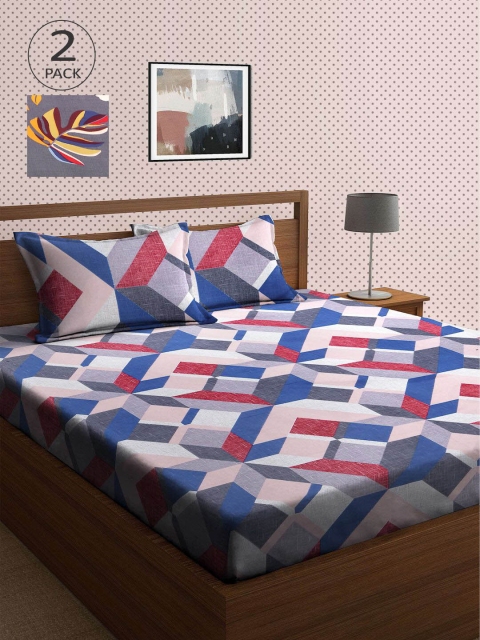 

KLOTTHE Grey & Blue Geometric 210 TC 2 King Bedsheet with 4 Pillow Covers