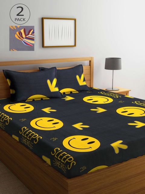 

KLOTTHE Set Of 2 Black & Yellow Printed 210 TC King Bedsheets With 4 Pillow Covers