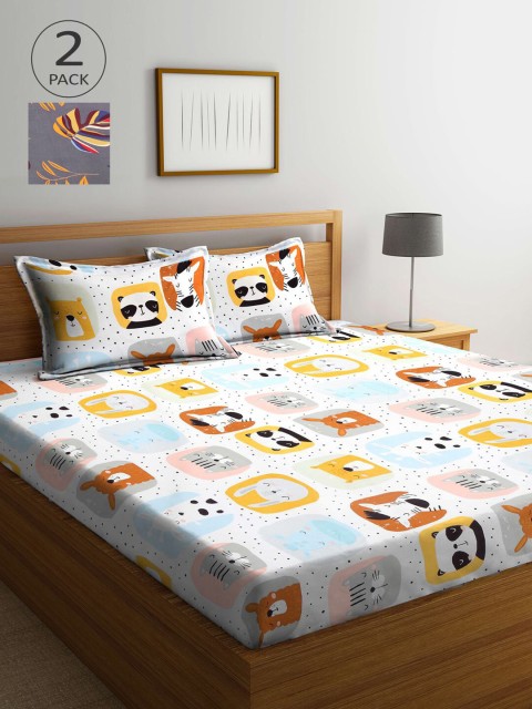 

KLOTTHE White & Grey Cartoon Characters 210 TC 2 King Bedsheet with 4 Pillow Covers