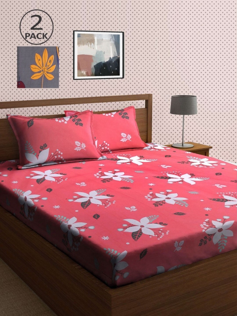 

KLOTTHE Grey & Pink Floral 210 TC 2 King Bedsheet with 4 Pillow Covers
