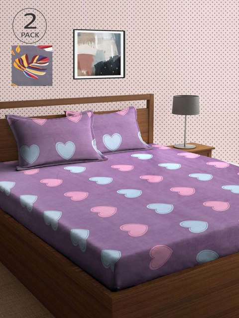 

KLOTTHE Set Of 2 Grey & Purple Printed 210 TC King Bedsheets With 4 Pillow Covers