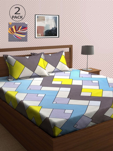 

KLOTTHE Grey & Yellow Geometric 210 TC 2 King Bedsheet with 4 Pillow Covers