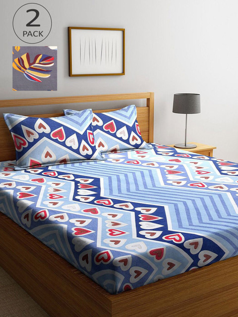 

KLOTTHE Set Of 2 Grey & Blue Printed 210 TC King Bedsheets With 4 Pillow Covers