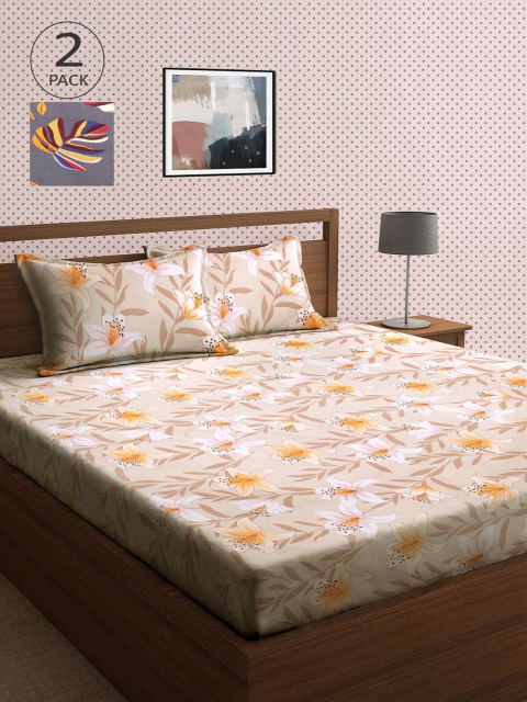 

KLOTTHE Pack of 2 Brown & Grey Floral 210 TC King Bedsheet with 4 Pillow Covers
