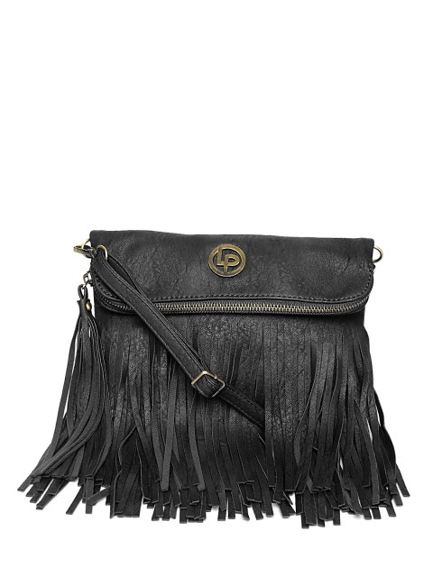 

Lino Perros Black Fringed Foldover Sling Bag