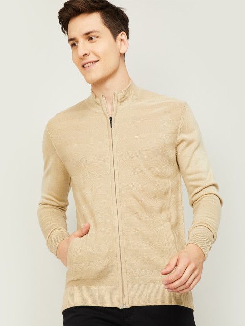 

CODE by Lifestyle Men Beige Striped Cotton Front-Open Sweater with Zip Detail