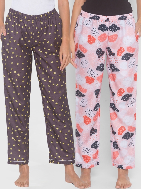 

FashionRack Women Pack Of 2 Pink & Brown Printed Cotton Lounge Pants