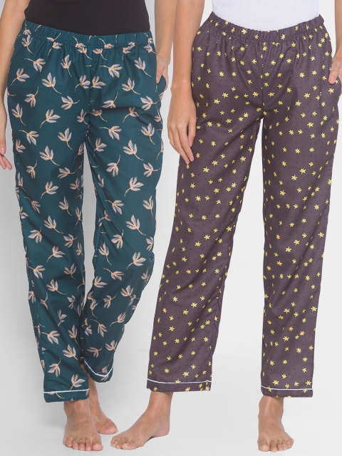 

FashionRack Women Pack Of 2 Green & Brown Printed Cotton Lounge Pants