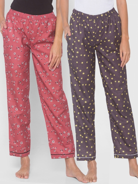 

FashionRack Women Pack Of 2 Red & Brown Floral Printed Cotton Lounge Pants